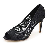 DANOBAB Hochzeitsschuhe für Frauen, Spitze Braut Pumps mit Nähten Chunky Ivory Low Damen High Heel Kleid Peeptoe,Schwarz,38