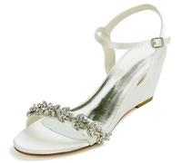 DANOBAB Pumps Für Damen Knöchelriemen Keil Heels 6.5Cm Absatzschuhe Party Hochzeit Heels Brautschuhe Stöckelschuhe,Elfenbein,42