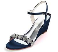 DANOBAB Pumps Für Damen Knöchelriemen Keil Heels 6.5Cm Absatzschuhe Party Hochzeit Heels Brautschuhe Stöckelschuhe,Dark Blue,41