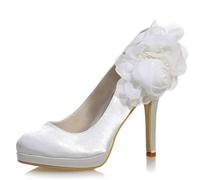 DANOBAB Satin Hochzeitsschuhe, Frauen für High Heels, Sommer Braut Kleid Chunky Elfenbein Runde Zehe Braut /11Cm Absatz,Elfenbein,39