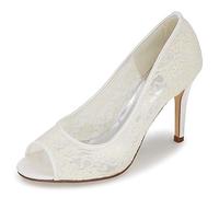 DANOBAB Spitze Hochzeitsschuhe,Frauen Braut Abend Mid High Heels Elfenbein Marine Basic Sommer/Pumps,Elfenbein,39