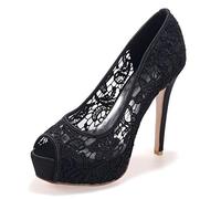 DANOBAB Spitze Hochzeitsschuhe, Frauen Peep Toe Elfenbein Sommer Kitten Heels Größe Plattform High Heels Party & 12,5 cm Absatz,Schwarz,36