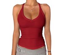 Danysu Tank Top Damen Mit Integrierter BH Sexy V-Ausschnitt Spaghetti Top Ärmellos Sommer Gerippt Tanktops Sport Oberteile Basic Shirt Camisole Einfarbig Roter Apfel, Groß