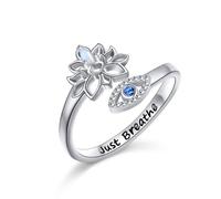 DAOCHONG Lotus Evil Eye Mondstein Verstellbare offene Ringe 925 Sterling Silber Gravur „Just Breathe“ Statement-Ring Schmuck Geschenke für Frauen
