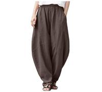 DaPongZhi Barrel Hose Damen Ballonhose Leinenmischung Cropped Wide Leg Hose Sommer Pull on Pants Hohe Taille Lässige Haremshose Mit Taschen Und Kordelzug