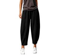 DaPongZhi Barrel Hose Damen Ballonhosen Sommer Leinenmischung Cropped Wide Leg Hose Hohe Taille Lässige Haremshose Pull on Pants Mit Taschen