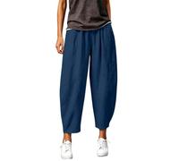 DaPongZhi Barrel Hose Damen Ballonhosen Sommer Leinenmischung Cropped Wide Leg Hose Hohe Taille Lässige Haremshose Pull on Pants Mit Taschen