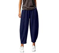 DaPongZhi Barrel Hose Damen Ballonhosen Sommer Leinenmischung Cropped Wide Leg Hose Hohe Taille Lässige Haremshose Pull on Pants Mit Taschen