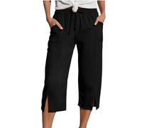 DaPongZhi Caprihose Damen Sommer Musselin Kurze Hose Leinen Shorts Sommerhose Leicht Stoffhose Beach Hosen Mit Taschen Stretch Gerades Bein Kordelzug Leinenhose