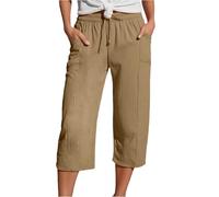 DaPongZhi Caprihose Damen Sommer Musselin Kurze Hose Leinen Shorts Sommerhose Leicht Stoffhose Beach Hosen Mit Taschen Stretch Gerades Bein Kordelzug Leinenhose