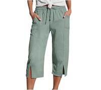 DaPongZhi Caprihose Damen Sommer Musselin Kurze Hose Leinen Shorts Sommerhose Leicht Stoffhose Beach Hosen Mit Taschen Stretch Gerades Bein Kordelzug Leinenhose