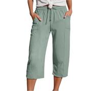 DaPongZhi Caprihose Damen Sommer Musselin Kurze Hose Leinen Shorts Sommerhose Leicht Stoffhose Beach Hosen Mit Taschen Stretch Gerades Bein Kordelzug Leinenhose