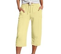 DaPongZhi Caprihose Damen Sommer Musselin Kurze Hose Leinen Shorts Sommerhose Leicht Stoffhose Beach Hosen Mit Taschen Stretch Gerades Bein Kordelzug Leinenhose