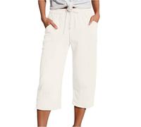 DaPongZhi Caprihose Damen Sommer Musselin Kurze Hose Leinen Shorts Sommerhose Leicht Stoffhose Beach Hosen Mit Taschen Stretch Gerades Bein Kordelzug Leinenhose