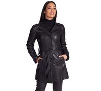 D'Arienzo Damen Italienische Langes Ledermantel Schwarze Mantel mit Gurtel und Knopfen Echtleder Lammnappa Made in Italy Stefany schwarz/3XL