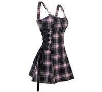 Dark Gothic Damen Kariertes Kleid Hohe Taille Slim Fit Retro Punk Harajuku Lolita Ärmelloses Streetwear Sexy A-Linie Minikleid-Rosa-L