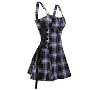 Dark Gothic Damen Kariertes Kleid Hohe Taille Slim Fit Retro Punk Harajuku Lolita Ärmelloses Streetwear Sexy A-Linie Minikleid-Lila-XXL