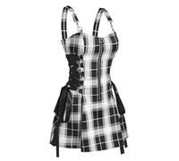 Dark Gothic Damen Kariertes Kleid Hohe Taille Slim Fit Retro Punk Harajuku Lolita Ärmelloses Streetwear Sexy A-Linie Minikleid-Schwarz-S