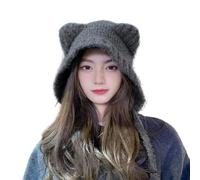 (Dark Gray)Women Winter Hat Knitted Soft Thick Ear Protection Solid Color Elastic Cartooon Ear Decor Warm Heat Retention Unisex Couple Cap