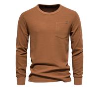 (DarkYellow, EUR S 60-70kg) Men's Clothing Classic Waffle Cotton Solid Color T shirt for men Single Pocket Long Sleeve Men T-Shirts New Autumn