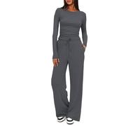 Darong 2-teiliges Damen-Set, Herbst-Outfits, langärmelig, weites Bein, Trainingsanzüge, lässig, Lounge-Set, passende Sets, Grau (73,7 cm Schrittlänge), Large
