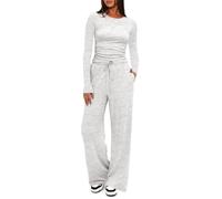 Darong 2-teiliges Damen-Set, Herbst-Outfits, langärmelig, weites Bein, Trainingsanzüge, lässig, Lounge-Set, passende Sets, Weiß-Grau (78,7 cm Schrittlänge), S
