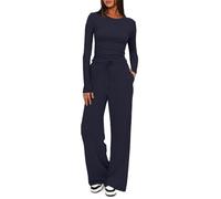 Darong 2-teiliges Damen-Set, Herbst-Outfits, langärmelig, weites Bein, Trainingsanzüge, lässig, Lounge-Set, passende Sets, Dunkelblau (73,7 cm Schrittlänge), Large