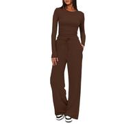 Darong 2-teiliges Damen-Set, Herbst-Outfits, langärmelig, weites Bein, Trainingsanzüge, lässig, Lounge-Set, passende Sets, Kaffee (73,7 cm Schrittlänge), X-Small
