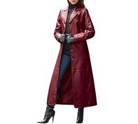 Darringls Ledermantel Damen Pu Mantel Gothic Sexy Übergangsjacke Mantel Kunstledermantel Reverskragen Knopfleiste Steampunk Langer Elegant Trenchcoat Kunstlederjacke Schwarzer Rot