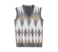 Darringls Strickpullover Herren Ärmellose v-Ausschnitt Vest Tank Top Kariert Westen Bequeme Slim Fit Strickwesten Pullunder Strickweste Warmes Oberteil Retro Tops Teenager Streetwear