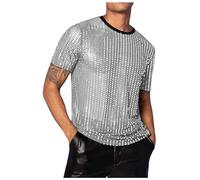 Darringls T-Shirt Herren Glitzer Tshirt Pailletten Hemdshirt Metallic Shirt Sommer Oberteil Für Männer Goldenes Silber Tee Freizeithemd 70S Disco Party Kostüm