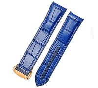 DASEB Gebogenes Ende echtes Leder-Silikon-Uhrband für O-Mega S-EMASTER 007 Handgelenk Wasserdichtungsgurtarmband mit Klappschnalle Blau(Blue rose gold,22mm)