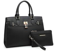 Dasein Damen-Handtaschen und Geldbörsen, Damen-Schultertasche, Tragegriff oben, Arbeitstasche mit passender Clutch, 23- Schwarz, Decorative Lock Style