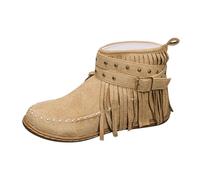 Dasongff Cowboy-Stiefel für Damen aus Kunstleder, mit Fransen, Retro-Stiefeletten, runder Zehenbereich, Fransen und Schnalle mit niedrigem Absatz, flache Schuhe, Rom, Stiefeletten mit Bommel, Knight