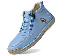 Dasongff Damen Lederschuhe Herbst und Winter handgefertigte Nähte Schnürhöhe Barfußschuhe mit Reißverschluss rutschfest Casual breite Füße Mokassins, blau, 41 EU