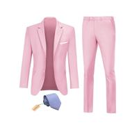 Datysum Herren Anzug 2-teilig Trauzeugen Smoking Abschlussball Blazer Slim Fit Anzüge Zwei Knöpfe Hochzeitskleid Jacke Hose Set mit Krawatte, Pink, M