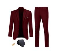 Datysum Herrenanzug, 2-teilig, für Bräutigam, Smoking, Abschlussball, Sakko, schmale Passform, Anzüge mit zwei Knöpfen, Hochzeitsanzug, Set mit Jacke, Hose, Krawatte, Burgunder, XS
