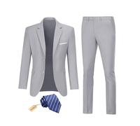 Datysum Herrenanzug, 2-teilig, Smoking, Abschlussball, Blazer, schmale Passform, Anzüge mit Zwei Knöpfen, Hochzeitskleid, Jacke, Hosen-Set mit Krawatte, Hellgrau, L