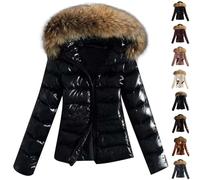 Daunenjacke Damen - Glänzende Winterjacke Daunenmantel Mit Fellkapuze Puffer Jacke Steppjacke Pufferjacke Warme Gesteppter Parka Dicke Outdoor Jacken Winter Mantel Steppmantel Frauen Grün Kaffee M L S