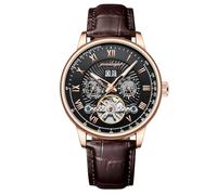 DAXIAOYU Automatique Mechanische hohle Armbanduhr, luxuriös, wasserdicht, Datum und Woche, Leder, modische Herrenuhr, Businessuhr, Freizeit, Rosa / Schwarz, Luxuriös