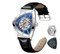 DAXIAOYU Automatische dreieckige mechanische Uhren für Herren, Punk-Rap-Stil, Edelstahl, leuchtend, wasserdicht, Herren-Armbanduhr, Leder, Blau, Luxuriös
