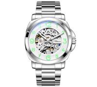 DAXIAOYU Automatische mechanische Herrenuhr mit großer arabischer Ziffernskala, hohles Skelett-Zifferblatt, modisch leuchtend, wasserdicht, Business-Edelstahlarmband, Business-Armbanduhr, Silber, Weiß