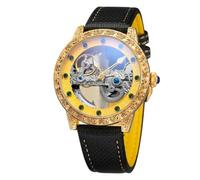 DAXIAOYU Automatische mechanische Herrenuhr mit Selbstaufzug, luxuriöses Skelett mit Diamant-Design, leuchtendes, wasserdichtes Lederband, Gold, Business