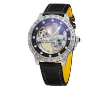 DAXIAOYU Automatische mechanische Herrenuhr mit Selbstaufzug, luxuriöses Skelett mit Diamant-Design, leuchtendes, wasserdichtes Lederband, silber, schwarz, Business