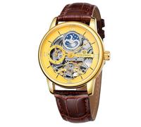 DAXIAOYU Dual Time Zone Skelett Herren Uhren Wasserdicht Mondphase Echtes Lederband Tourbillon Automatische Mechanische Uhr, gold, Business