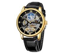 DAXIAOYU Dual Time Zone Skelett Herren Uhren Wasserdicht Mondphase Echtes Lederband Tourbillon Automatische Mechanische Uhr, Goldfarben / Schwarz, Business