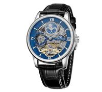 DAXIAOYU Dual Time Zone Skelett Herren Uhren Wasserdicht Mondphase Echtes Lederband Tourbillon Automatische Mechanische Uhr, silber, blau, Business