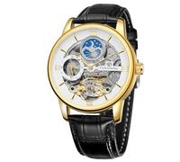 DAXIAOYU Dual Time Zone Skelett Herren Uhren Wasserdicht Mondphase Echtes Lederband Tourbillon Automatische Mechanische Uhr, Goldweiß, Business