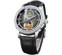 DAXIAOYU Elegante Herren-Skelett-Tourbillon-mechanische Uhren, Diamant-Lünette, luxuriös, Jadegrün, schwarzes Zifferblatt, Mondphasenuhr, echtes Lederband, automatische Herren-Armbanduhren, Schwarz,