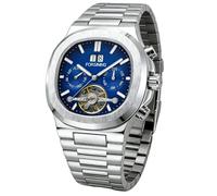 DAXIAOYU Fashion Business Herren Automatik Mechanische Uhr Tourbillon Multifunktions Komplett Kalender Leuchtende Edelstahl Uhren, Silber, Dunkelblau, Luxuriös